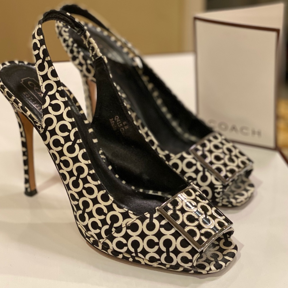 Black and white coach monogram heels!
